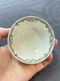 Four Chinese grisaille and gilt-decorated monogrammed cups and saucers, Qianlong, dated 1778