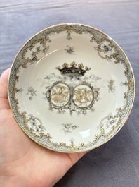 Four Chinese grisaille and gilt-decorated monogrammed cups and saucers, Qianlong, dated 1778