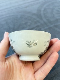 Four Chinese grisaille and gilt-decorated monogrammed cups and saucers, Qianlong, dated 1778