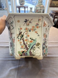 A rare Chinese famille verte hexagonal jardini&egrave;re with birds among flowering branches, double Fu mark, Kangxi