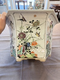 A rare Chinese famille verte hexagonal jardini&egrave;re with birds among flowering branches, double Fu mark, Kangxi