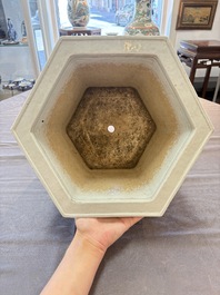 A rare Chinese famille verte hexagonal jardini&egrave;re with birds among flowering branches, double Fu mark, Kangxi