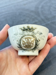 Four Chinese grisaille and gilt-decorated monogrammed cups and saucers, Qianlong, dated 1778