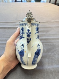 A Chinese blue and white 'Long Eliza' jug with a silver-mounted lid, Kangxi