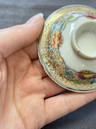 A Chinese Canton famille rose gilt-decorated covered cup and saucer, Qianlong