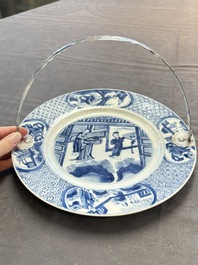 A Chinese blue and white 'Xi Xiang Ji' dish with silver mount, Kangxi mark and of the period