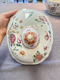 A Chinese famille rose 'mascarons' tureen and cover on stand with floral design, Qianlong