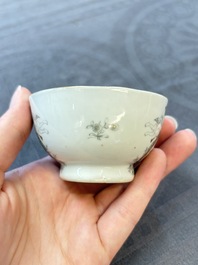 Four Chinese grisaille and gilt-decorated monogrammed cups and saucers, Qianlong, dated 1778