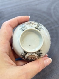 Four Chinese grisaille and gilt-decorated monogrammed cups and saucers, Qianlong, dated 1778