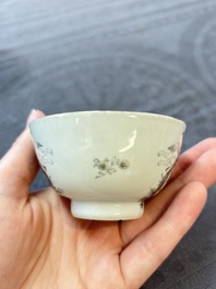 Four Chinese grisaille and gilt-decorated monogrammed cups and saucers, Qianlong, dated 1778