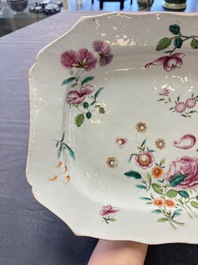 A Chinese famille rose 'mascarons' tureen and cover on stand with floral design, Qianlong