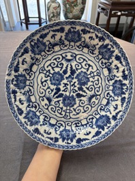 Six Chinese blue and white 'peony scroll' plates, Kangxi