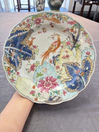 A pair of Chinese famille rose 'tobacco leaf' plates and a saucer, Qianlong