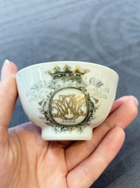 Four Chinese grisaille and gilt-decorated monogrammed cups and saucers, Qianlong, dated 1778