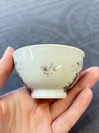 Four Chinese grisaille and gilt-decorated monogrammed cups and saucers, Qianlong, dated 1778