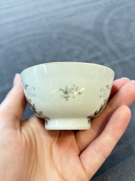 Four Chinese grisaille and gilt-decorated monogrammed cups and saucers, Qianlong, dated 1778