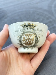 Four Chinese grisaille and gilt-decorated monogrammed cups and saucers, Qianlong, dated 1778