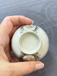 Four Chinese grisaille and gilt-decorated monogrammed cups and saucers, Qianlong, dated 1778