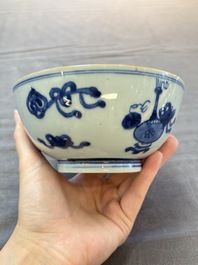 Five Chinese blue and white bowls, Kangxi and later