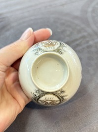 Four Chinese grisaille and gilt-decorated monogrammed cups and saucers, Qianlong, dated 1778