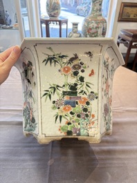 A rare Chinese famille verte hexagonal jardini&egrave;re with birds among flowering branches, double Fu mark, Kangxi