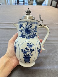 A Chinese blue and white 'Long Eliza' jug with a silver-mounted lid, Kangxi