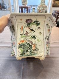 A rare Chinese famille verte hexagonal jardini&egrave;re with birds among flowering branches, double Fu mark, Kangxi