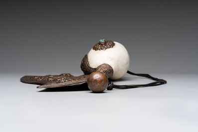 Two Tibetan brass and silver-mounted conch shell trumpets or 'Dung dkar', 19th C.
