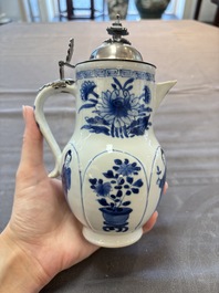 A Chinese blue and white 'Long Eliza' jug with a silver-mounted lid, Kangxi