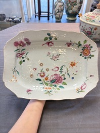 A Chinese famille rose 'mascarons' tureen and cover on stand with floral design, Qianlong