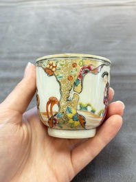 A Chinese Canton famille rose gilt-decorated covered cup and saucer, Qianlong