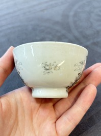 Four Chinese grisaille and gilt-decorated monogrammed cups and saucers, Qianlong, dated 1778
