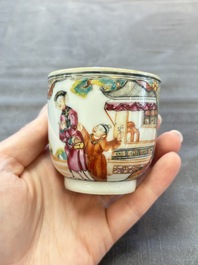 A Chinese Canton famille rose gilt-decorated covered cup and saucer, Qianlong