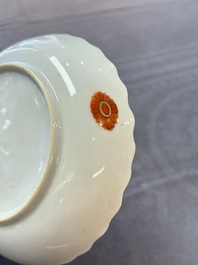 A pair of Chinese famille rose 'tobacco leaf' plates and a saucer, Qianlong