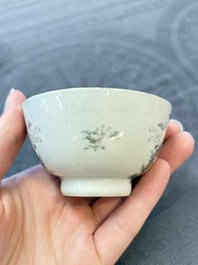 Four Chinese grisaille and gilt-decorated monogrammed cups and saucers, Qianlong, dated 1778