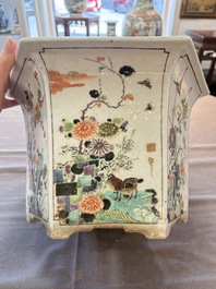 A rare Chinese famille verte hexagonal jardini&egrave;re with birds among flowering branches, double Fu mark, Kangxi