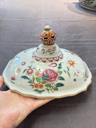 A Chinese famille rose 'mascarons' tureen and cover on stand with floral design, Qianlong