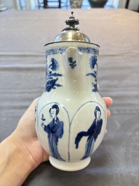 A Chinese blue and white 'Long Eliza' jug with a silver-mounted lid, Kangxi