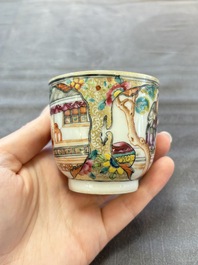 A Chinese Canton famille rose gilt-decorated covered cup and saucer, Qianlong