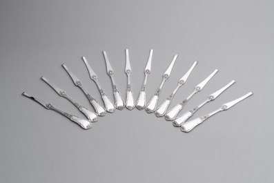 A set of 12 silver crustacean forks, 835/000, Wolfers Fr&egrave;res, Brussels, 20th C.