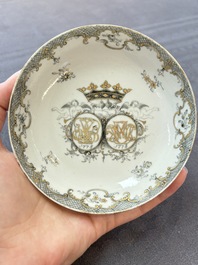 Four Chinese grisaille and gilt-decorated monogrammed cups and saucers, Qianlong, dated 1778