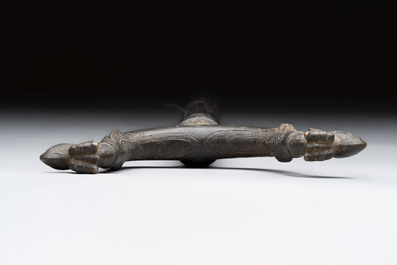 An Indo-Mughal bronze and wooden dervish crutch, 18/19th C.