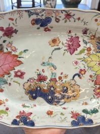 A pair of Chinese famille rose 'tobacco leaf' dishes with a lady on a lily pad, Qianlong