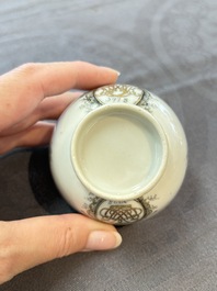 Four Chinese grisaille and gilt-decorated monogrammed cups and saucers, Qianlong, dated 1778