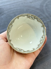 Four Chinese grisaille and gilt-decorated monogrammed cups and saucers, Qianlong, dated 1778