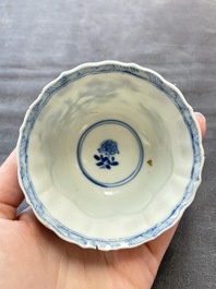Eight Chinese blue, white and iron-red cups and twelve saucers, Kangxi/Yongzheng