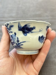Eight Chinese blue, white and iron-red cups and twelve saucers, Kangxi/Yongzheng