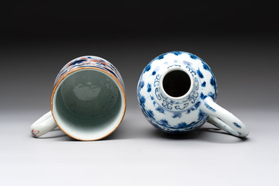A Chinese blue and white jug and an Imari-style tankard, Transitional period/Kangxi