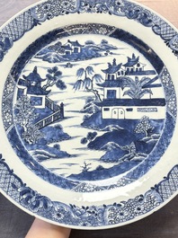 Six Chinese blue and white plates and a dish with landscape design, 18th C.