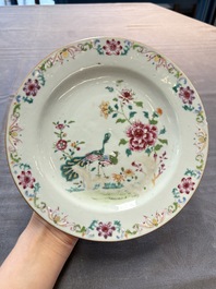 Three Chinese famille rose plates and a famille verte lobed plate, Kangxi/Qianlong
